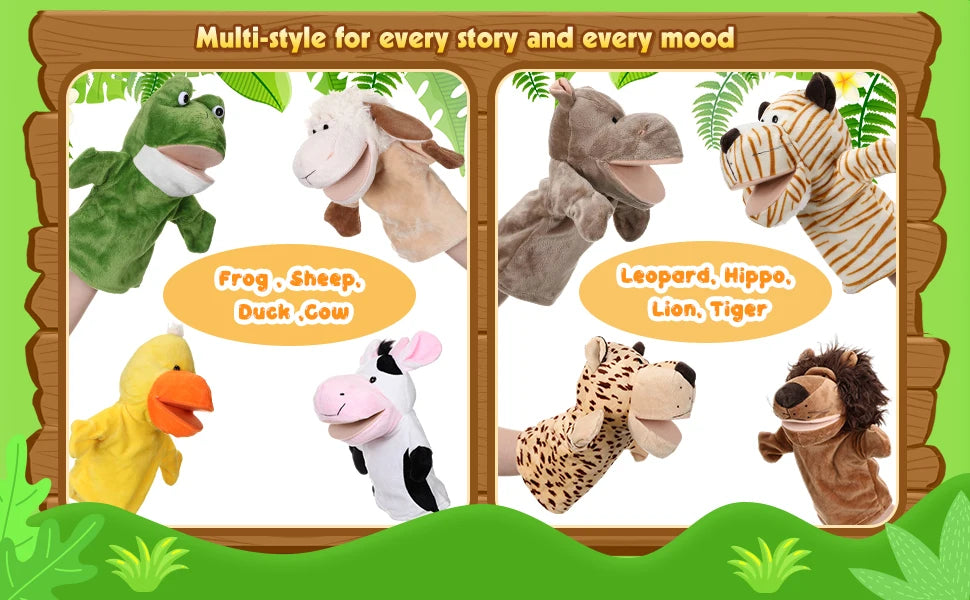 A collection of multi-style soft plush animal hand puppets including frog, sheep, duck, leopard, hippo, lion, tiger, and othe