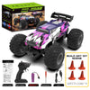 A purple and black 1:18 scale RC monster truck with large tires and LED lights shown next to its accessories.