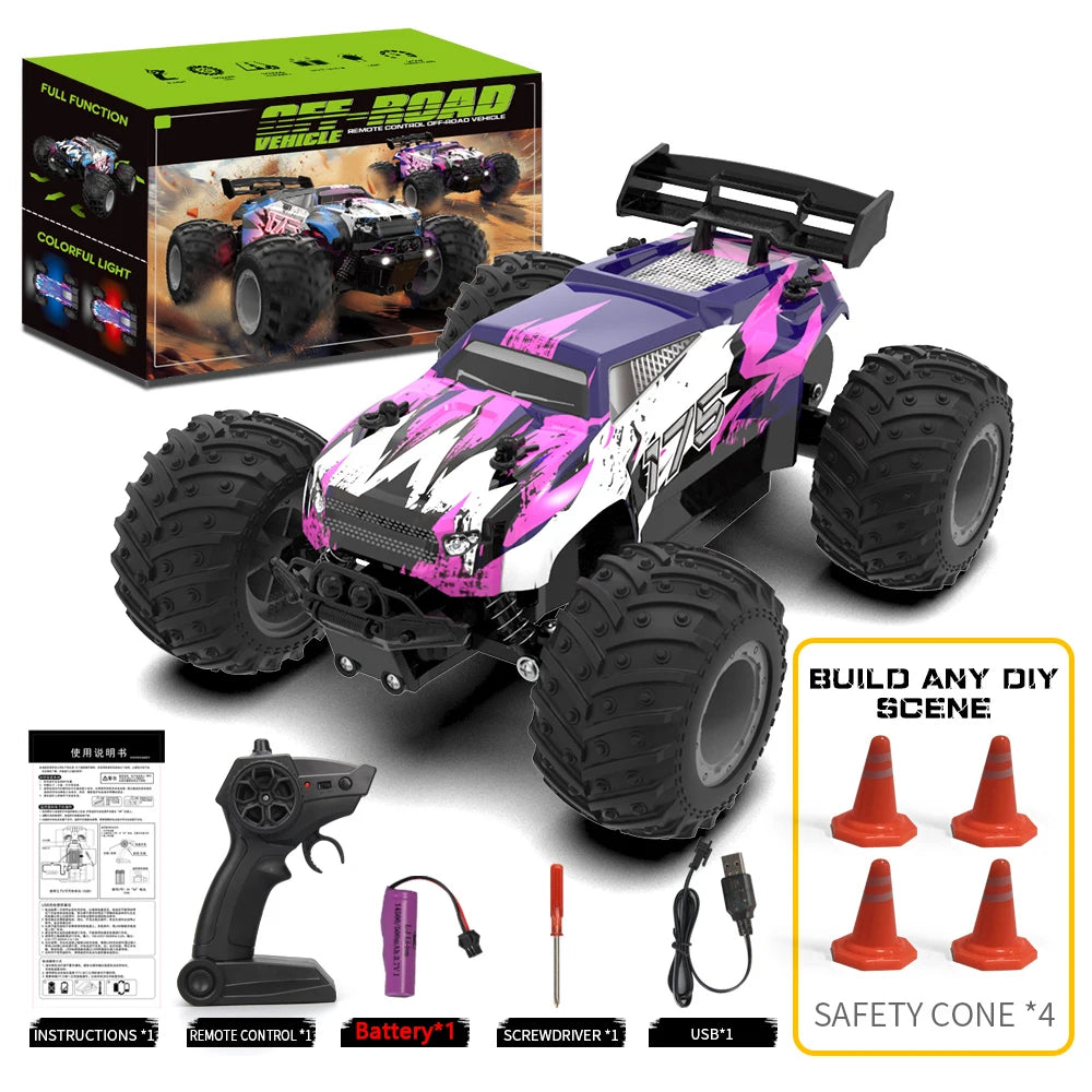 A purple and black 1:18 scale RC monster truck with large tires and LED lights shown next to its accessories.