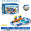 A box and assembled magnetic railcar set featuring a train track and various magnetic components for building.
