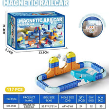 A box and assembled magnetic railcar set featuring a train track and various magnetic components for building.