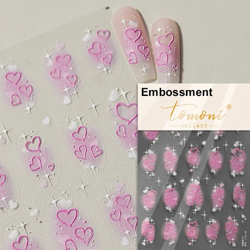 Embossed pink and white heart nail art stickers for nails