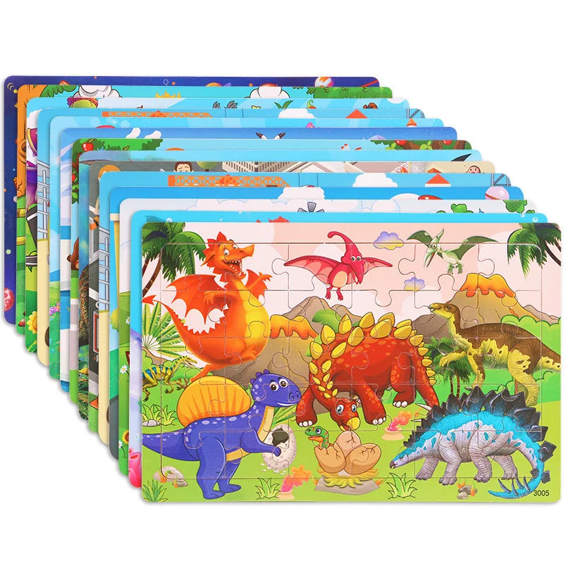 A set of 30 wooden jigsaw puzzles featuring various animals and vehicles for kids.
