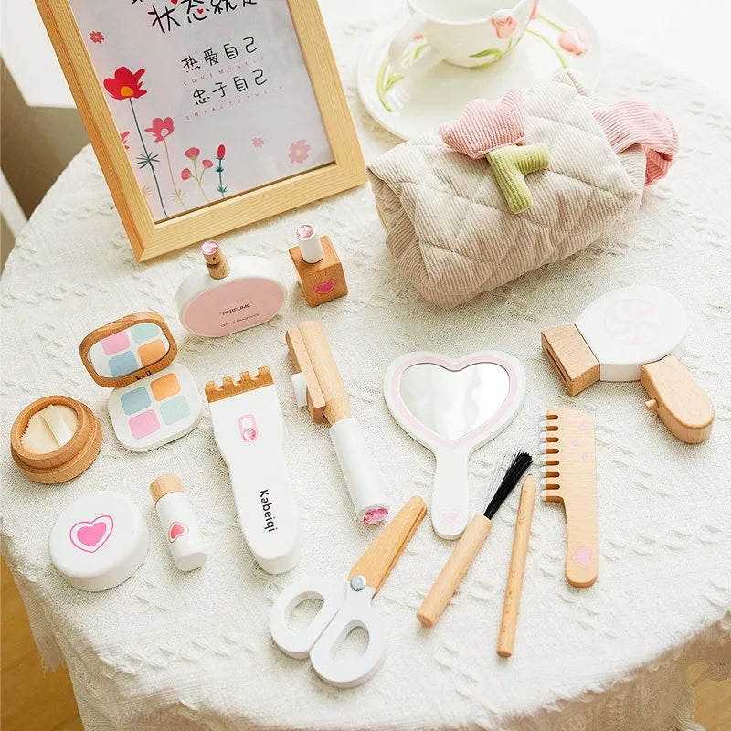 Wooden Pretend Play Makeup Set with Dressing Table & Makeup Bag