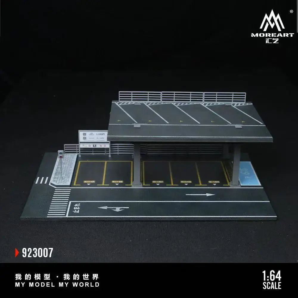 A 1:64 scale mini garage diorama featuring a dark gray track and a rooftop structure for diecast cars.