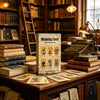 A wooden table displays a complete tarot card deck with several spread cards and antique books in a library setting.