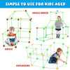 A green wireframe building block tent and play house set for kids with various modular structures.
