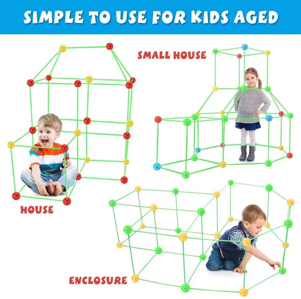 A green wireframe building block tent and play house set for kids with various modular structures.