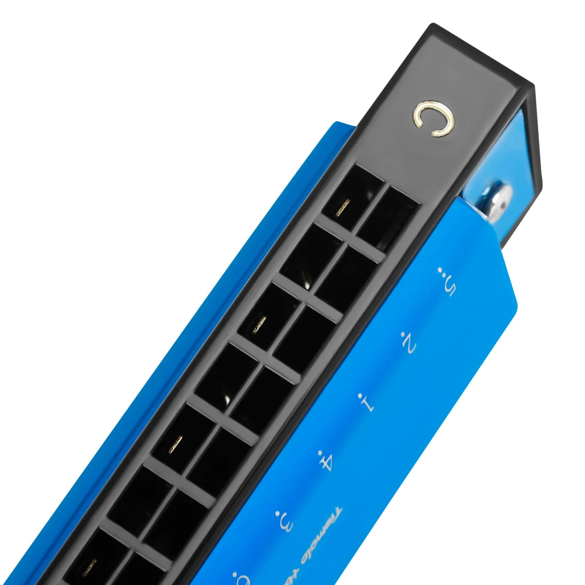 A black and blue harmonica in a hard case with a gold ring on the lid.