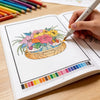 A hand is coloring a detailed floral pattern in a coloring book with colored pencils, next to a color palette.
