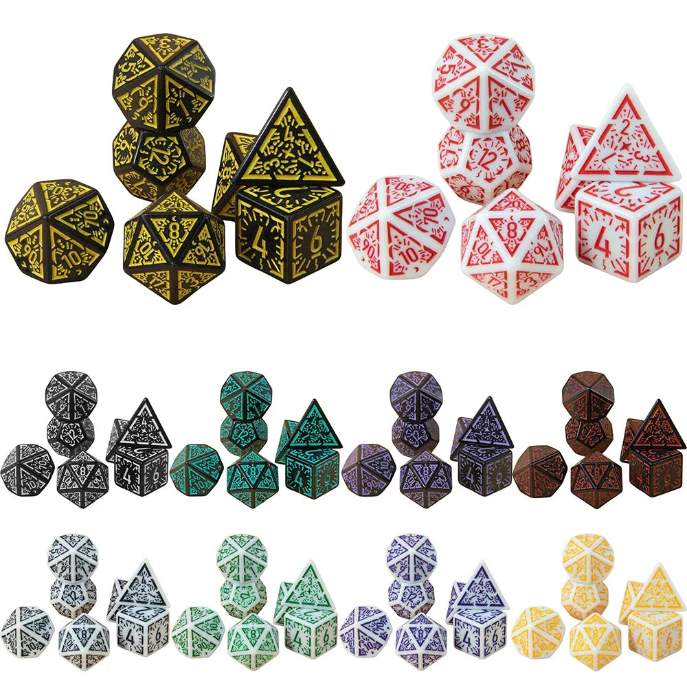 A set of seven polyhedral dice in various colors and shapes for tabletop role-playing games