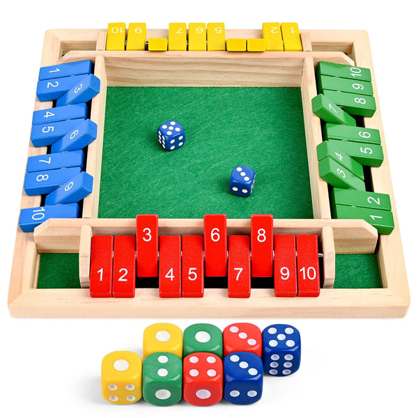 A wooden board game featuring a green playing area and wooden dice in various colors.