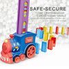 A blue domino train toy with red accents is shown next to various colored blocks, emphasizing safe and secure craftsmanship.