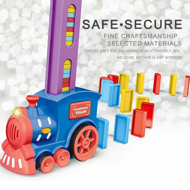 A blue domino train toy with red accents is shown next to various colored blocks, emphasizing safe and secure craftsmanship.