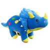 A blue dinosaur plush toy with yellow horns and a pink nose.
