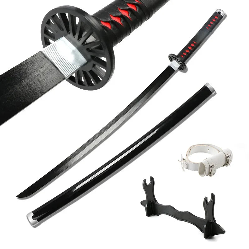 A black and red Demon Slayer anime katana sword with a bamboo cosplay design and a leather sheath.