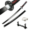 A black bamboo anime katana replica sword with a leather grip and scabbard.