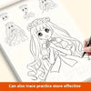 Black and white line art drawing book page showing a detailed anime girl character for tracing practice