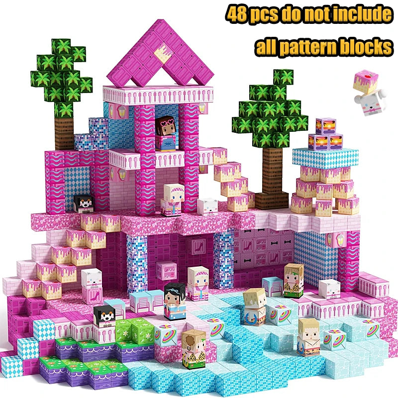 A set of pink and blue magnetic building blocks shaped like a castle, featuring various patterned pieces.