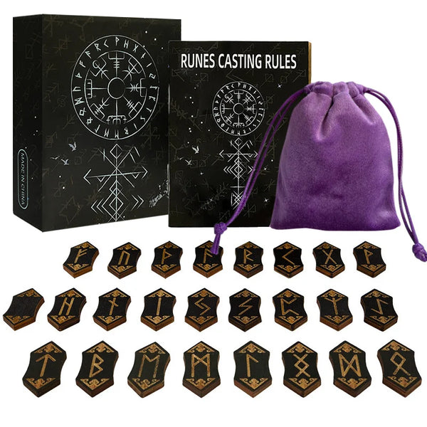 Wooden Rune Stone Set with Guide Book and Velvet Bag