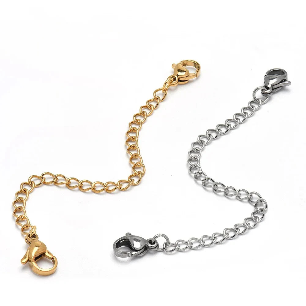 Two chains of stainless steel jewelry extenders, one gold-toned and one silver-toned.