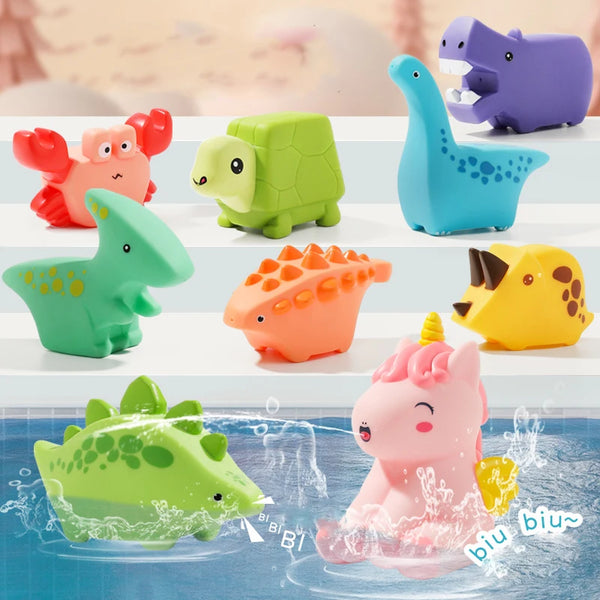 Colorful dinosaur bath toys are shown spraying water in a blue tub for toddlers.