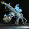 A grey and blue automatic electric UMP45 water blaster rifle is shown in a dynamic pose against a dark background.