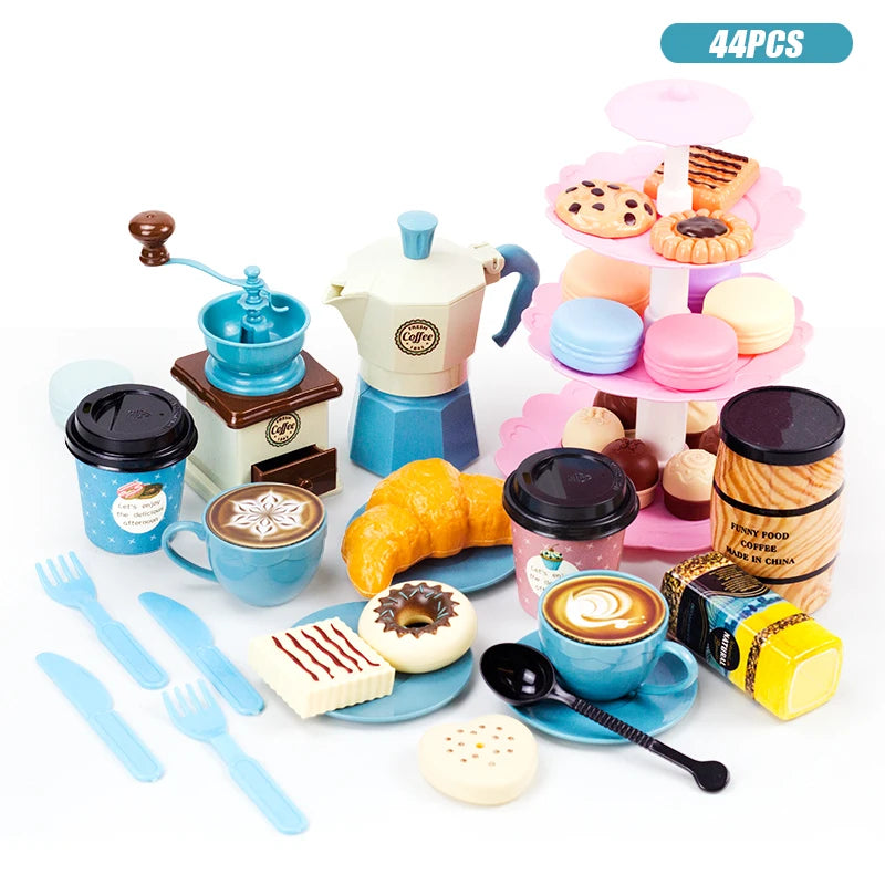 A set of 44 pretend play tea party items including coffee, cakes, and cutlery for children.