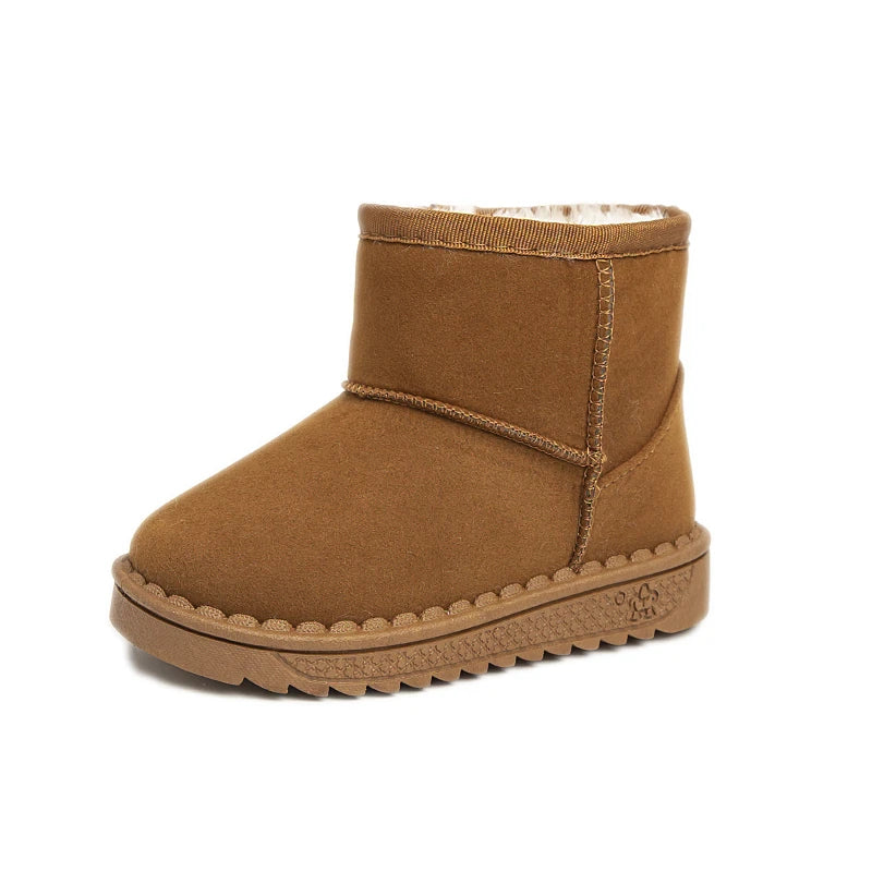 A pair of brown, cozy fur-lined winter boots for children, shown from the side.