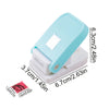 A light blue lever action embosser tool with a white embossing plate and various size measurements.