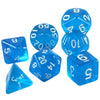 A set of blue acrylic dice including a d6, d8, and d10.