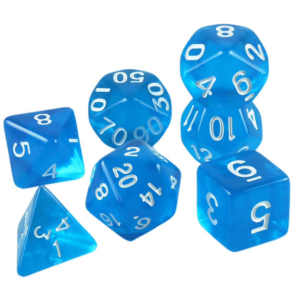 A set of blue acrylic dice including a d6, d8, and d10.