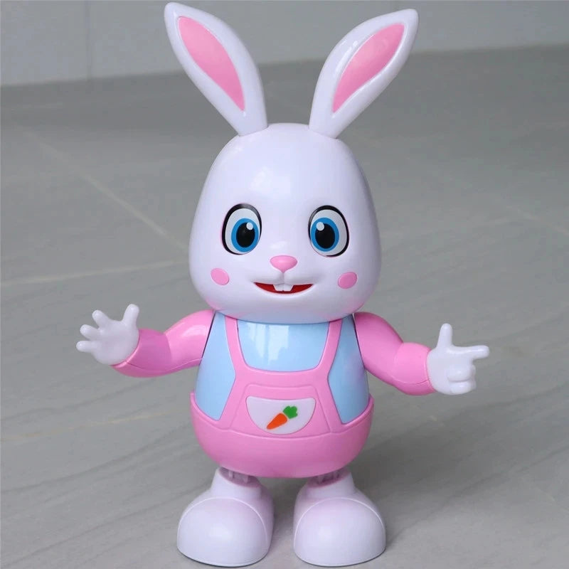A white rabbit toy with pink accents and long ears, featuring a smiling face and outstretched paws.