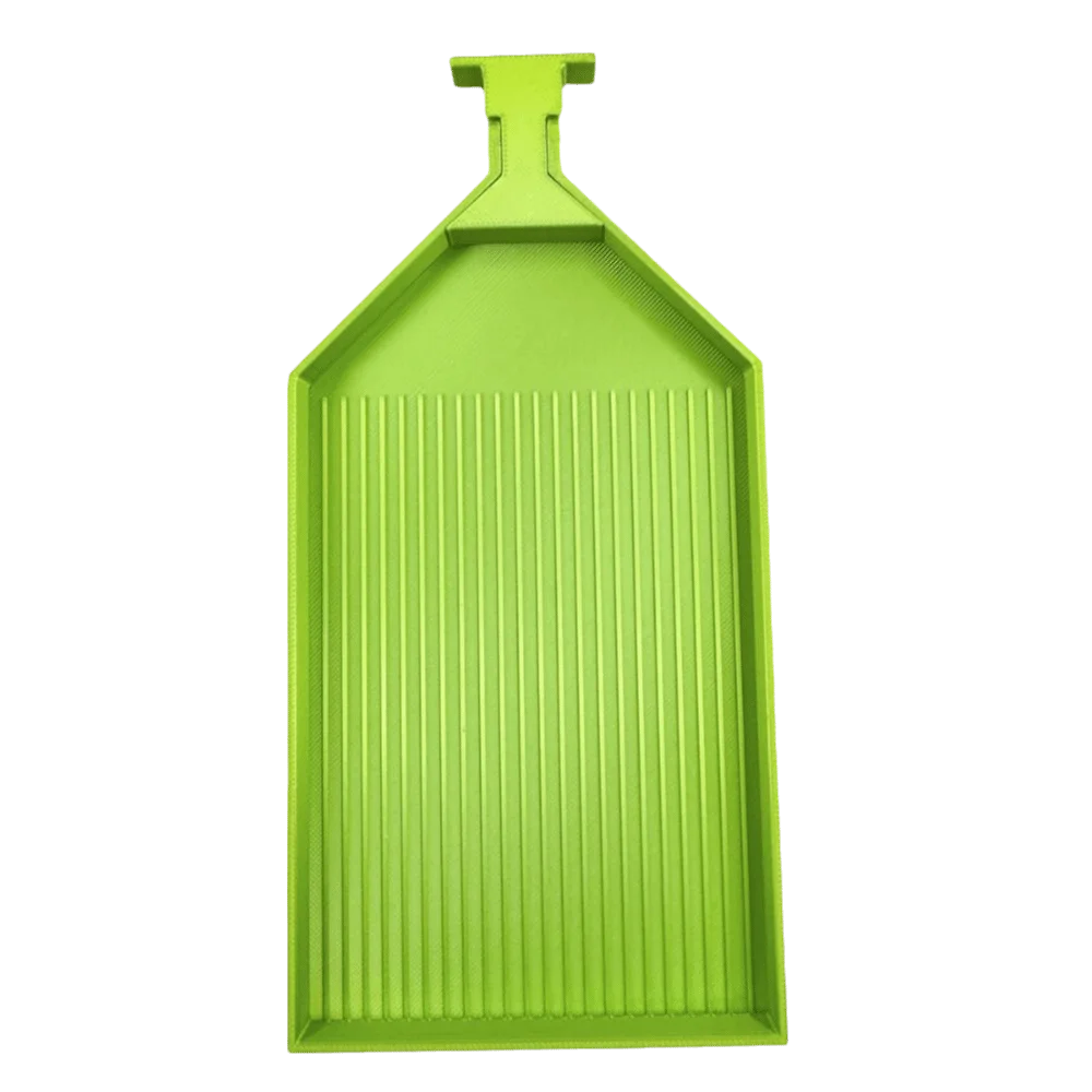A bright lime green diamond painting tray with vertical ridges and a pop-up plug for bead sorting.