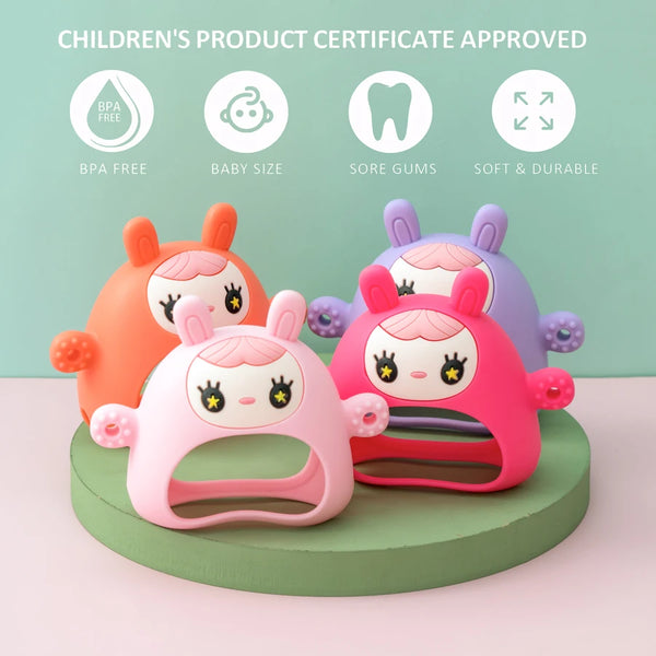 A set of silicone teether toys in pink and orange colors for babies and children, certified BPA free.