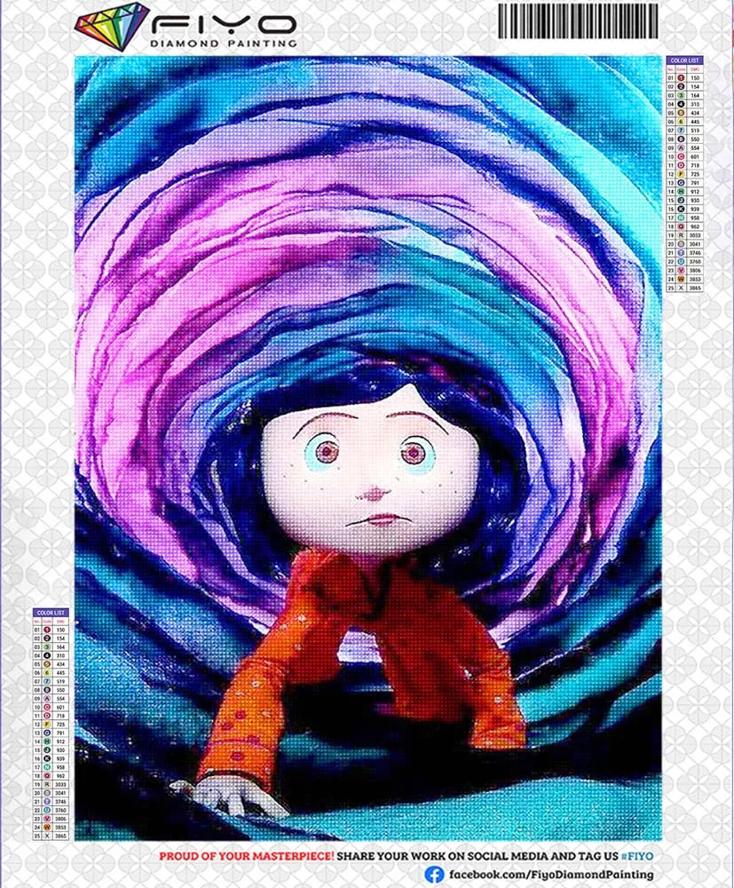 A diamond painting featuring a stylized ghost mother character with vibrant purple and blue swirling background.