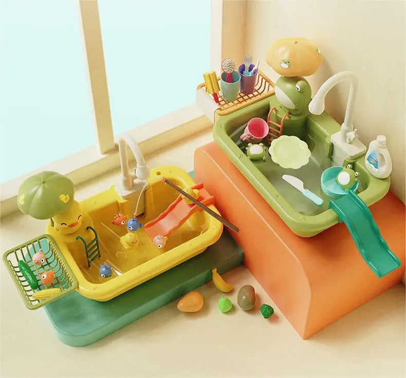 Un juego de fregaderos de cocina y comida de juguete con agua corriente para niños.