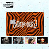 A set of five black and orange card slot stickers featuring abstract swirling patterns and rock music imagery