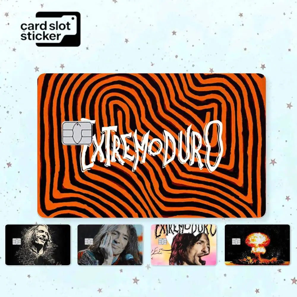 A set of five black and orange card slot stickers featuring abstract swirling patterns and rock music imagery