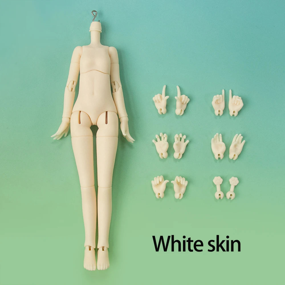 A full-body white skin articulated doll with realistic hands and feet displayed against a light green background.