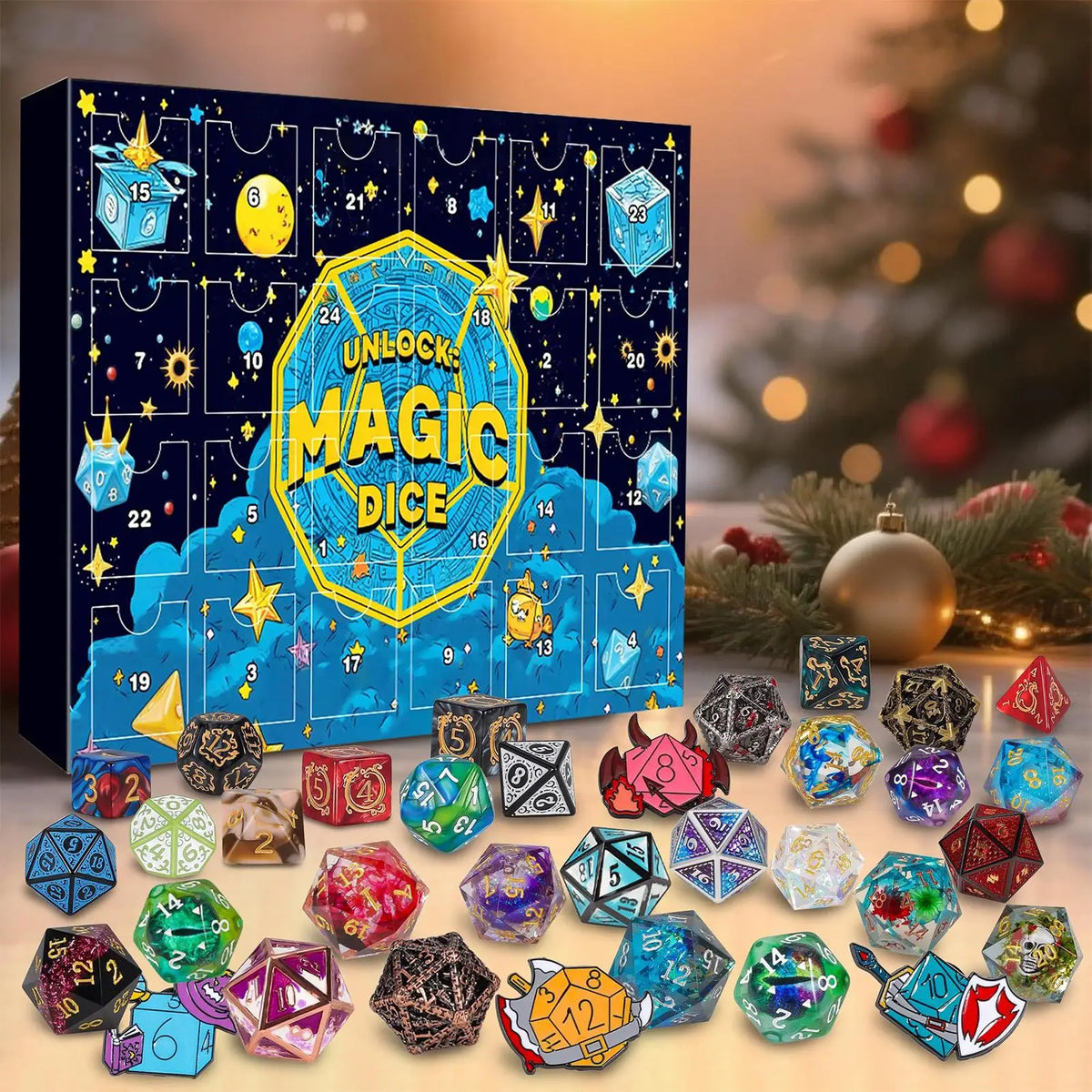 A box of magic dice and festive dice for a 24-day holiday countdown game set