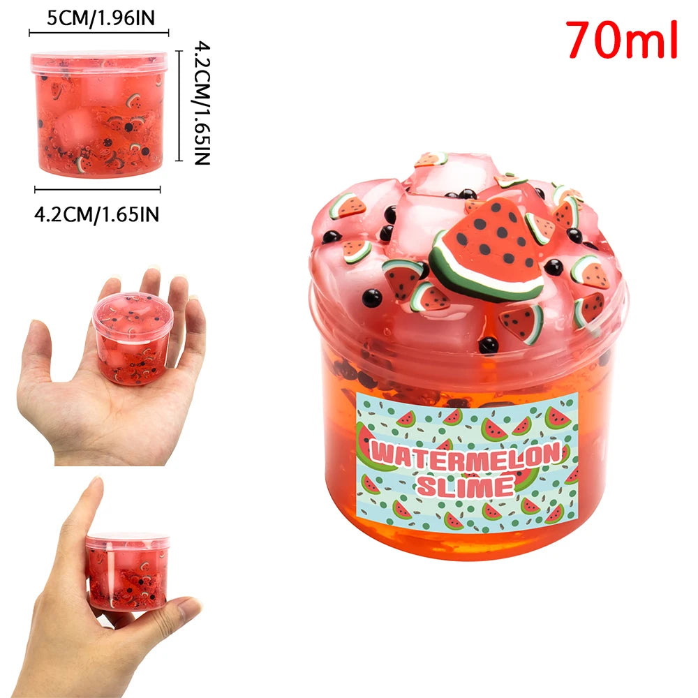 A jar of watermelon slime with fruit pieces and a lid, showing the texture and scent.