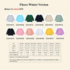 A chart showing various sizes and measurements for the Fleece Winter Version pullover hoodie in different colors.