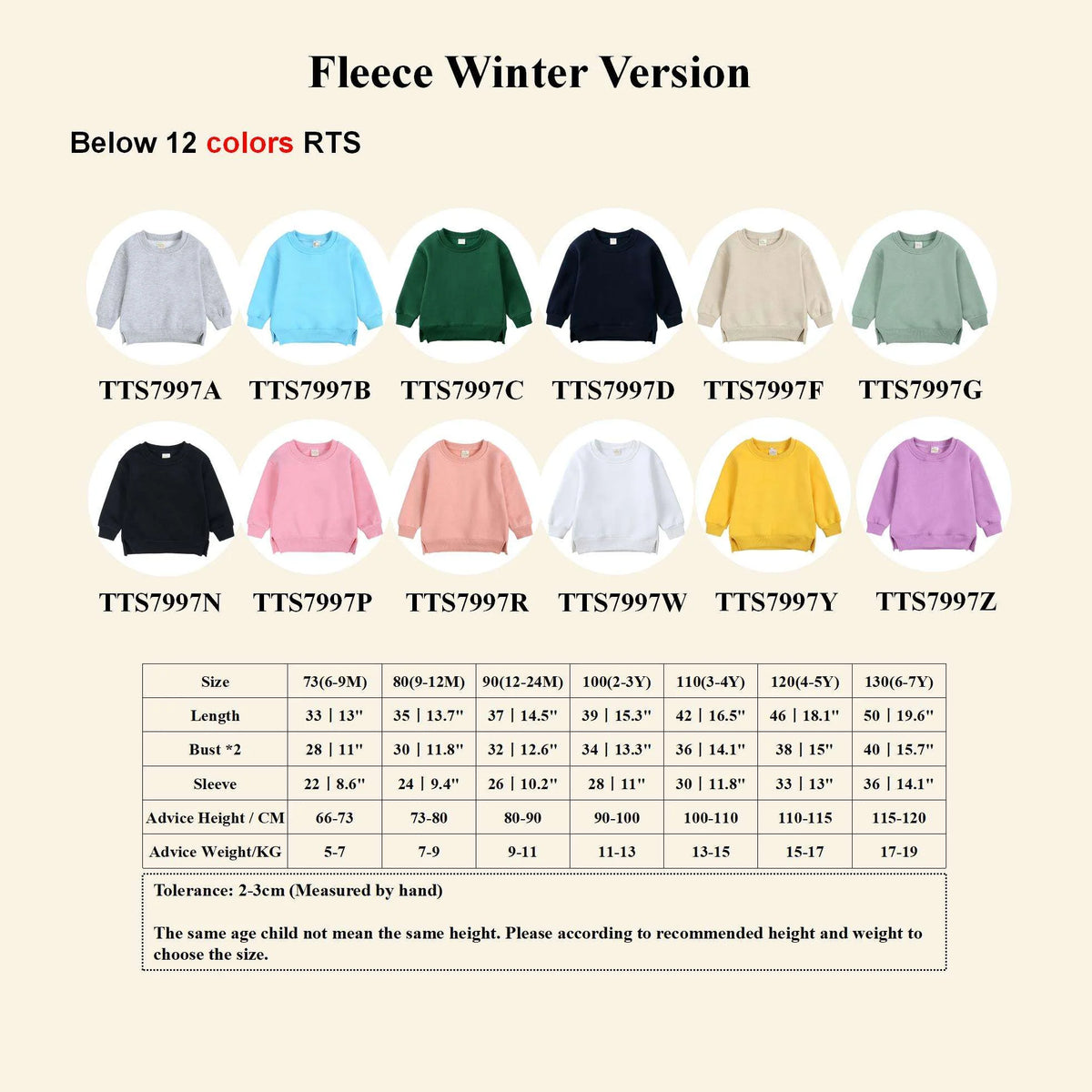 A chart showing various sizes and measurements for the Fleece Winter Version pullover hoodie in different colors.