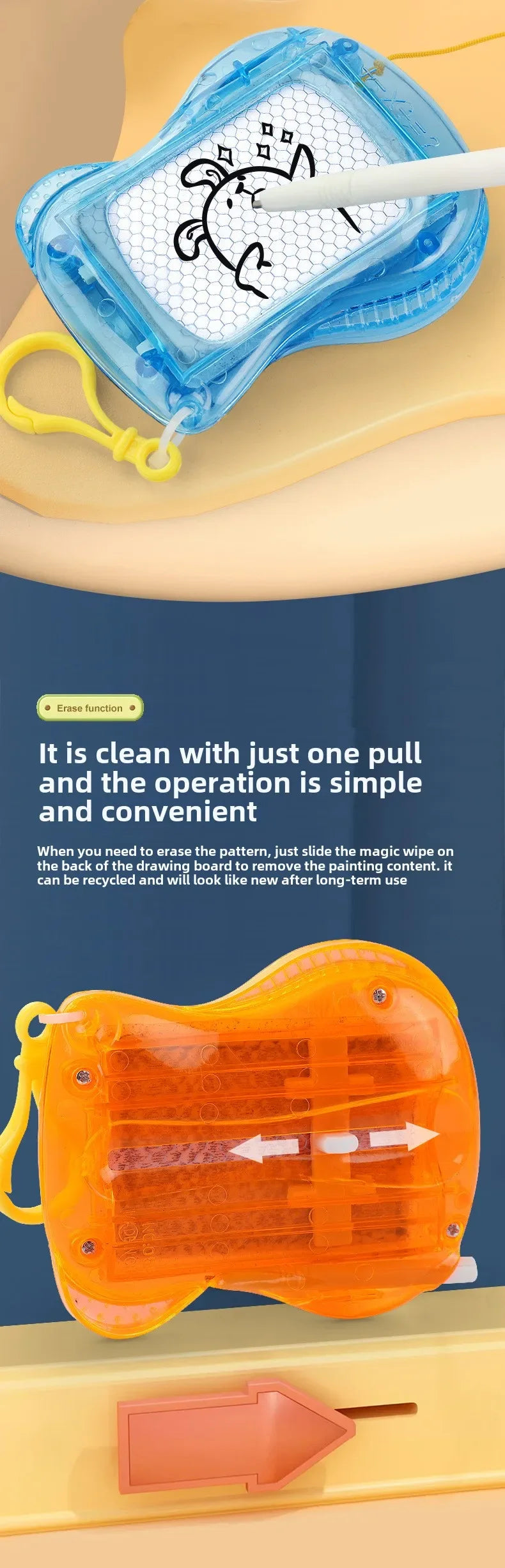 An orange magnetic drawing board keychain with a stylus is shown on a light yellow surface.