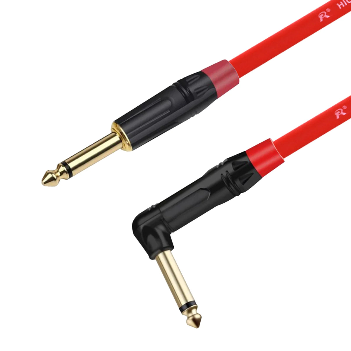 A red instrument guitar cable with a right-angle connector and black insulation.