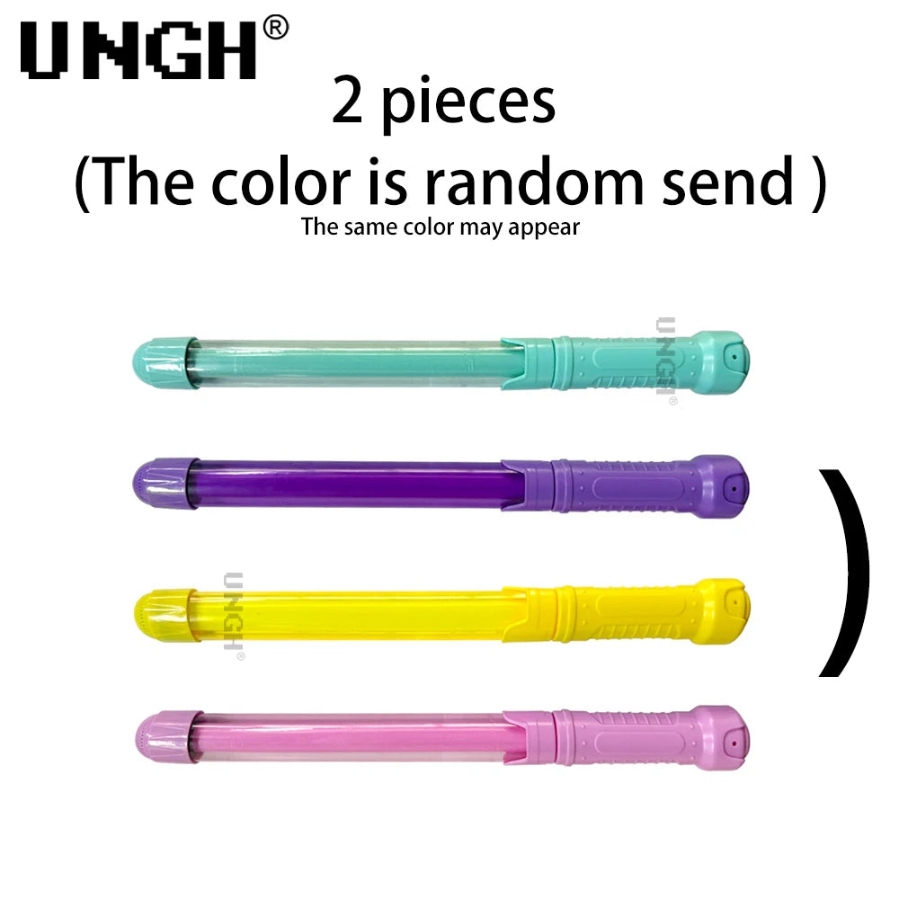Three pull-out water guns in different colors: teal, purple, yellow, and pink.