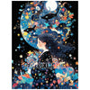 A diamond painting featuring a girl silhouette against a vibrant night sky with a large moon and stars.