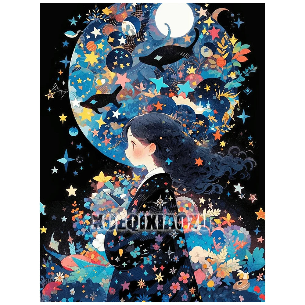 A diamond painting featuring a girl silhouette against a vibrant night sky with a large moon and stars.