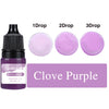 Bottle of clove purple liquid candle dye with three dropper sizes and a purple label